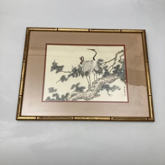 Vintage Oriental Water Color on Silk Frame Art of a Pine Tree & Cranes