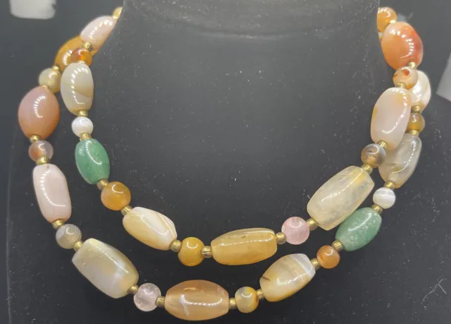 Multi  Gemstone Banded Agate Aventurine Jasper  Trade Bead Necklace 28” Vintage