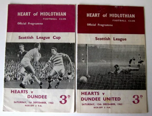 Heart of Midlothian v Dundee/Dundee Utd. 1962/63 Scottish Lge/Cup - 2 programmes