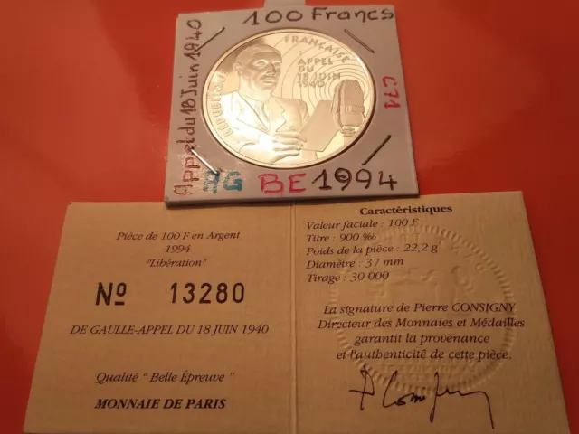 C 71 . 100 Francs Appel Du 18 Juin.  Be  .1994 .