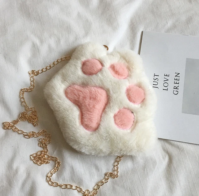Girl's Shoulder Bag Purse Cute Paw Plush Small Women's Kawaii Wallet