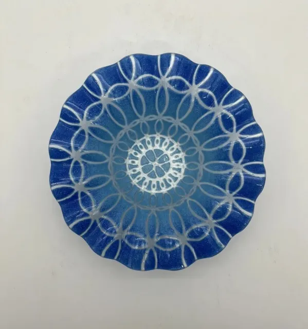Sydenstricker Blue Lotus Mandala Fused Art Glass Bowl Ruffled Fluted Candy Dish