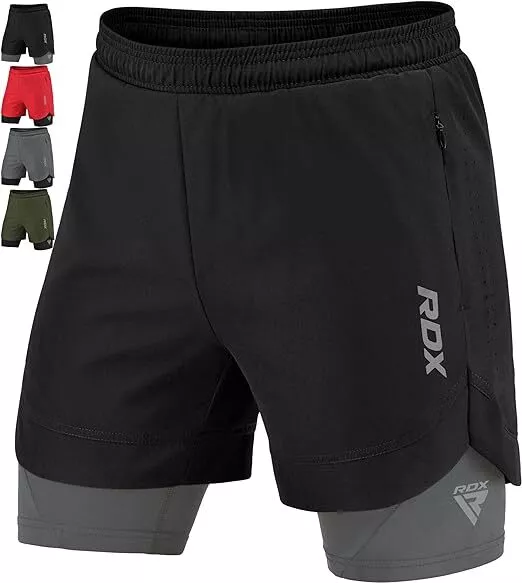 RDX Running Shorts, 2 in 1 Athletic Breathable Short 2 Zipper & 2 Phone Pockets