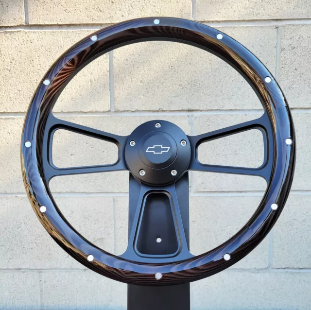 14" Black Billet Steering Wheel Real Dark Wood Burnt Pine Rivets Chevy Bowtie