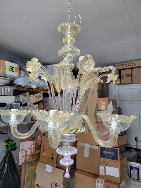 Venetian,Murano hand blown glass 6 arms chandelier Clear+ gold accent 1970s Perf