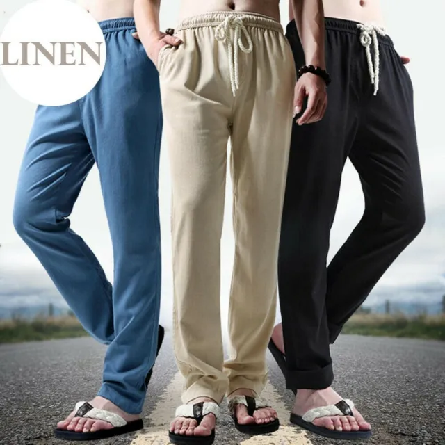 Mens Linen Drawstring Pants Straight Leg Trousers Bottoms Pocket Comfort