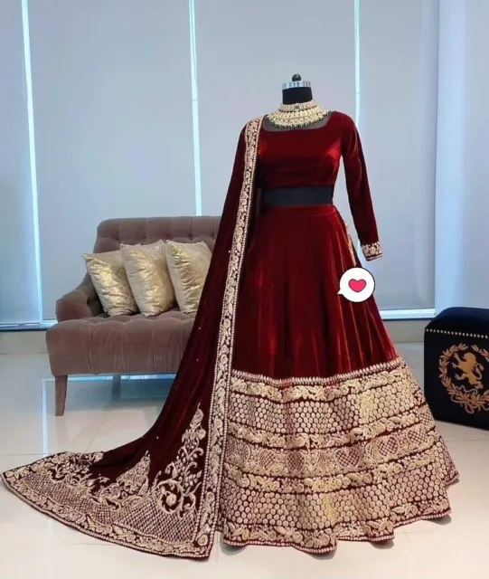 Bridal Trending Viscose Velvet Lehenga Pakistani Sari Lengha Choli Pearl Dupatta