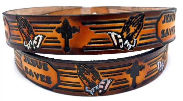 Jesus Saves Religious Christian Cross Embossed 100% Genuine Cowhide Leather Belt