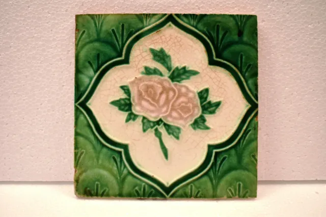 Antique Tile Majolica Art Nouveau Porcelain Floral Rose Design Wankaner Old "J63