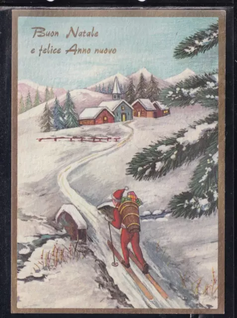 Cartolina Buon Natale e Felice Anno Nuovo Paesaggio Babbo Natale su Sci Z1315