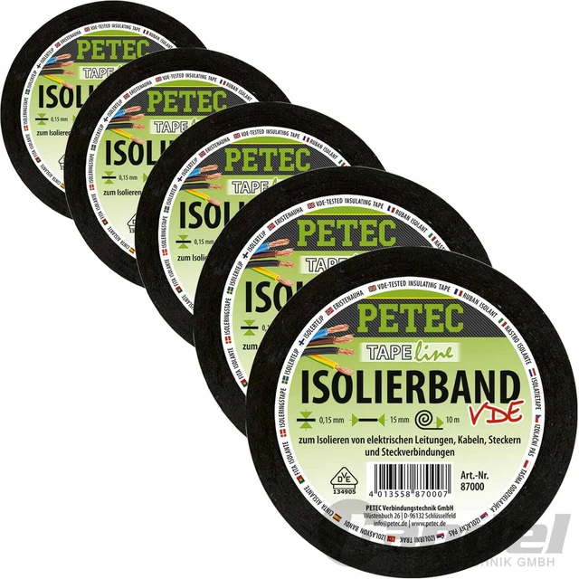 5x 10m CINTA AISLANTE PETEC VDE ELECTRICISTA ISOBANDA CABLE CINTA ADHESIVA 15mm MULTI CINTA