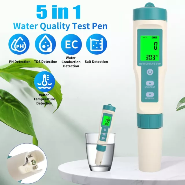 Digitales PH Messgerät,Trinkwasser Wassertester,PH/TDS/EC/Salzgehalt/Temp Meter