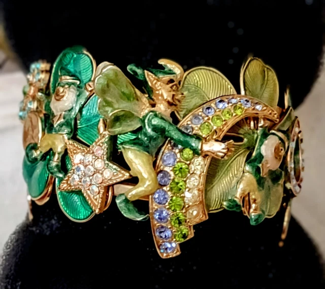 Vintage Kirks Folly Fairy Shamrock Lucky Crystal Enamel Cuff Bracelet