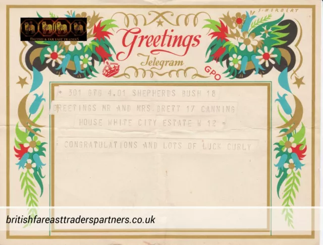 VINTAGE 1951 UK General Post Office (GPO) COLLECTABLE Greetings TELEGRAM CARD