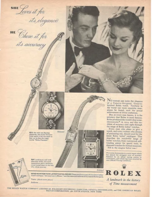 Rolex Watch 8533/8647 Diamonds Lady Elegance 1953 Original Advertising