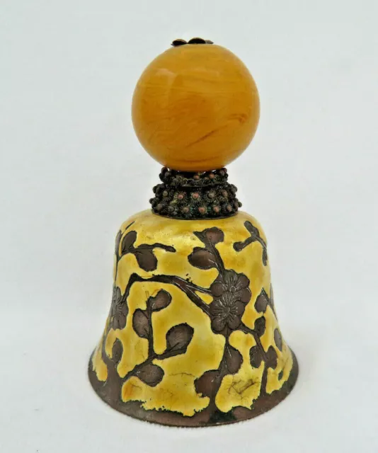 19th C. Chinese Mandarin Qing Enamel Bell ~ Golden Amber Glass Hat Rank Badge