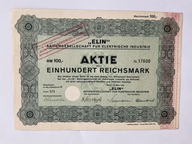 +++  Aktie  ELIN  AG für elektrische Energie   100 RM  +++