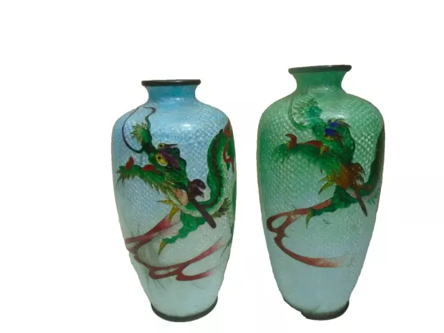 2 fabulous signed Japanese antique cloisonne dragon vases   STUNNING BUD VASES