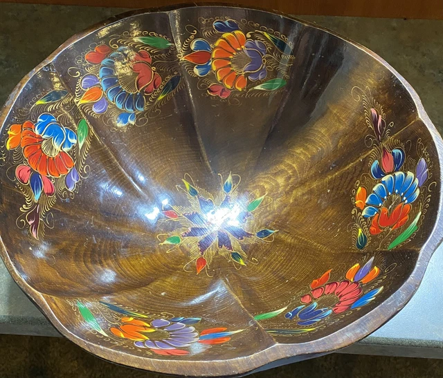 Vintage Wooden Bowl Hand Painted Art Florals