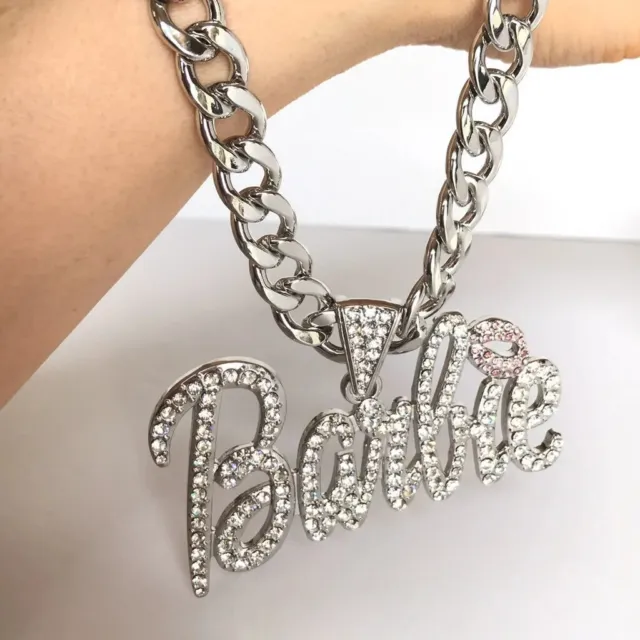 Barbie Women Silver Plated Iced Cubic Zirconia Charm & Cuban Chain Necklace