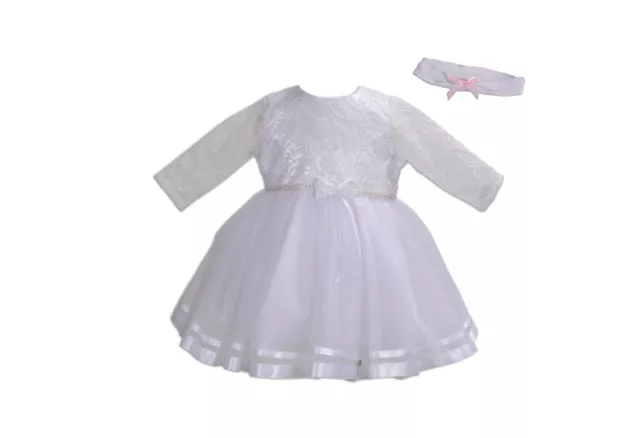 Bambine Maniche Lunghe Battesimo Vestito Festa Set Fascia