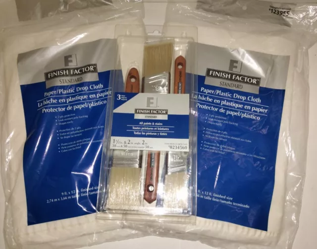 FINISH FACTOR 2x PLASTIC DROP CLOTH 9' x 12' & 3 Brush Set For Paints And Stains