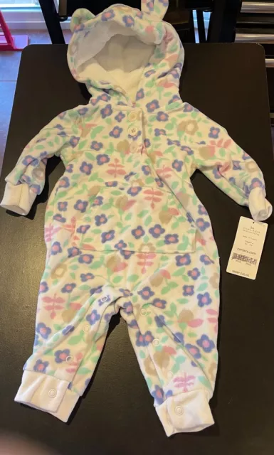 NWT - Carters Baby Floral White Print Hooded Fleece Jumpsuit Coverall Outfit 3 m