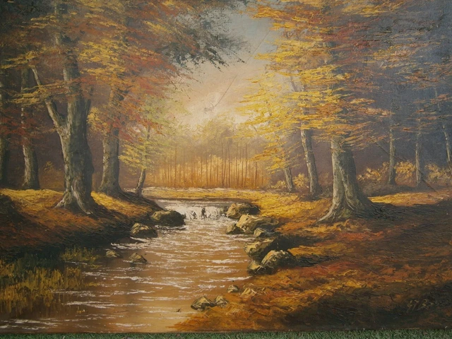 Ancienne Peinture Hst Huile Toile Sous Bois Automne Signee French Antique