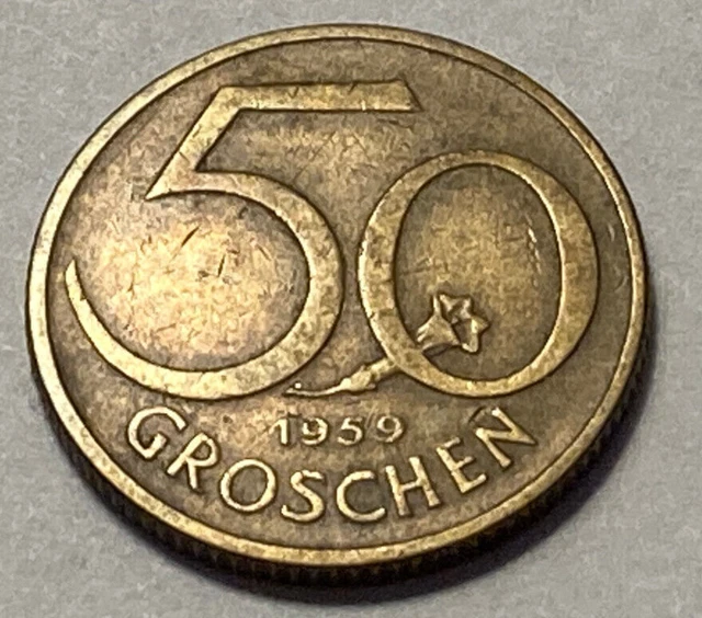 1959 Austria 50 Groschen Coin - Aluminum Bronze Composition - Nice Condition -