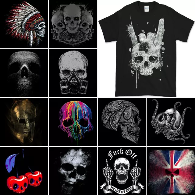 Skull T-Shirt Mens Biker Tattoo Tribal Viking Demon Gym Heavy Metal Rock Death