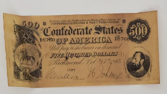 Confederate States Of America 500 Dollar 1864 Reproduction Note