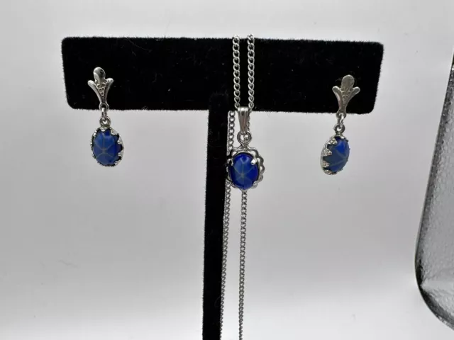 VINTAGE STAR SAPPHIRE PENDANT Necklace & Matching Earrings  Gold Filled