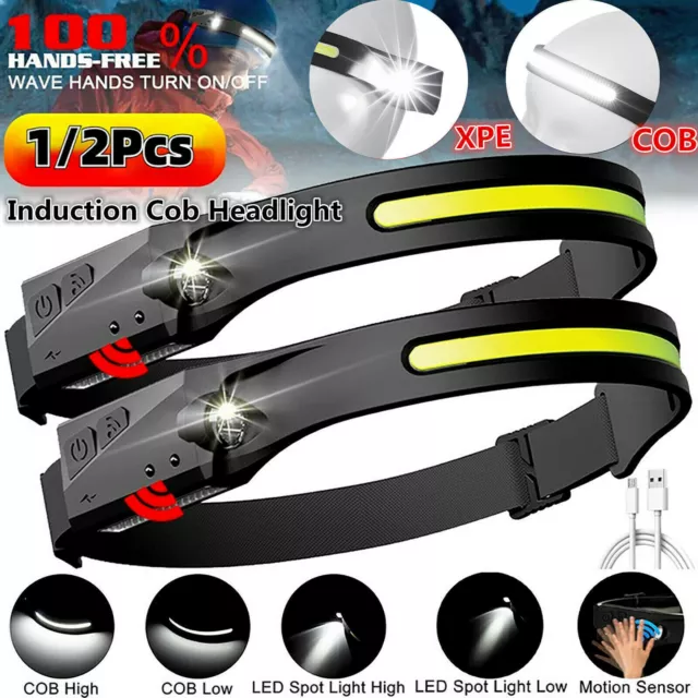 1/2X LED Head Torch Rechargeable Waterproof COB Headlamp Motion Sensor Headlight