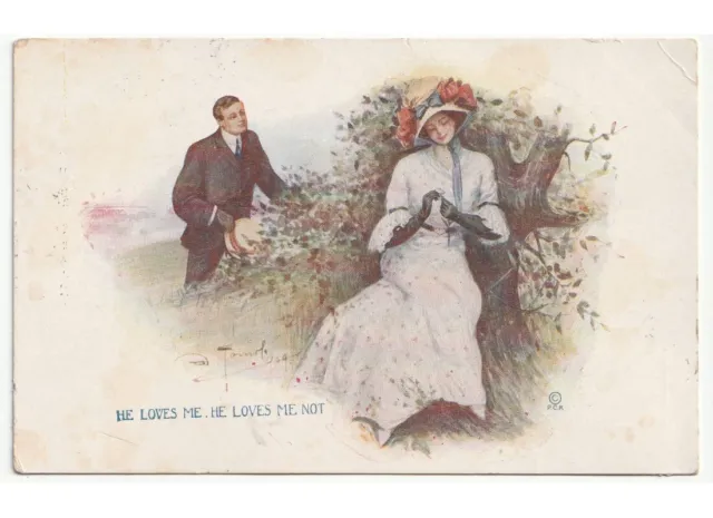 1914 cartolina amore innamorati moda d'epoca prato margherita -Piega