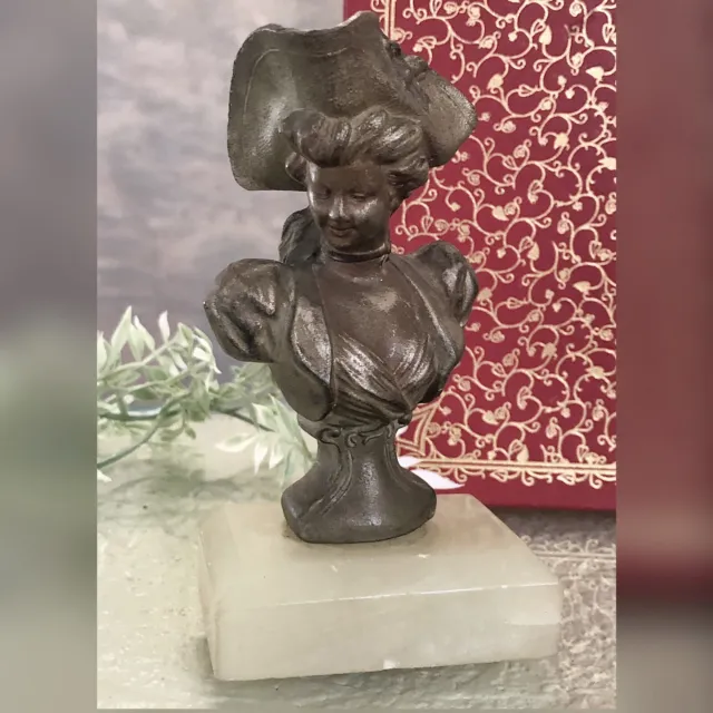 Spelter Bust on Marble Antique Art Nouveau Victorian Woman in Hat Bronzed