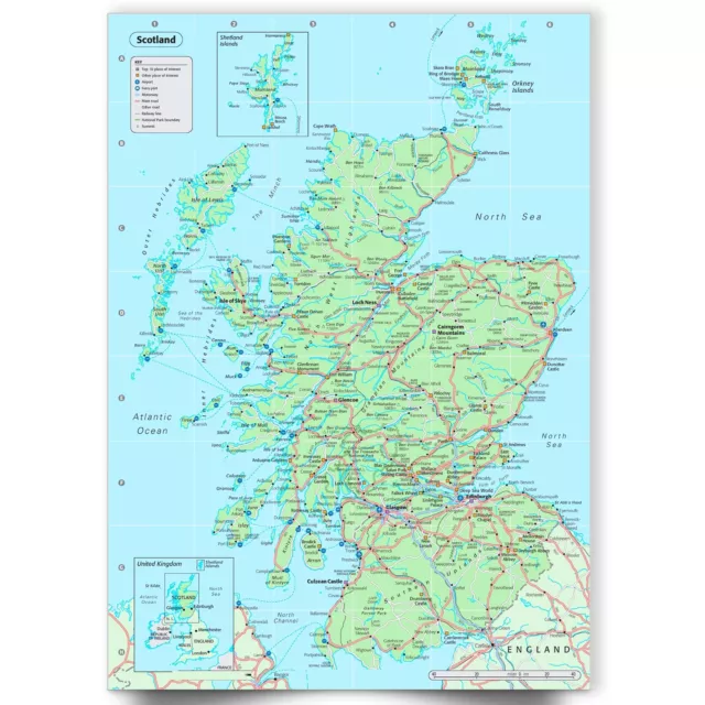 Scotland Map Poster Wall Art Map Of England Poster Upto A2 Laminated Print