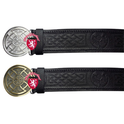 Cardo Kilt Scozzese Cinture Fibbia Celtic Nodo con Cardo Goffrato IN Pelle Nero 