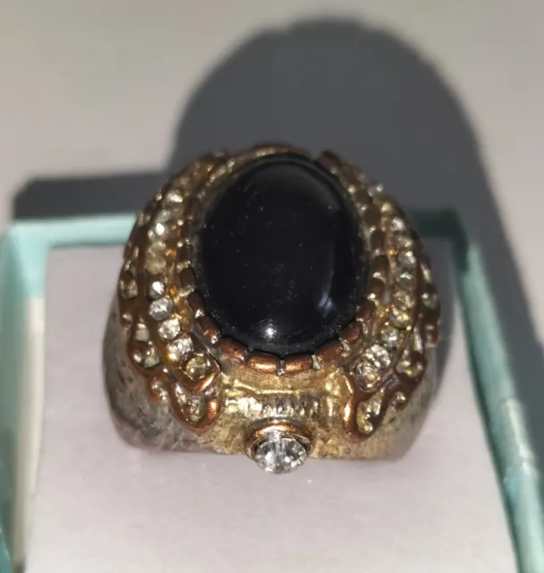 Stunning Antique Rare Heavy Bronze Ring with Dark Amber & Crystals Q (18.2 mm)