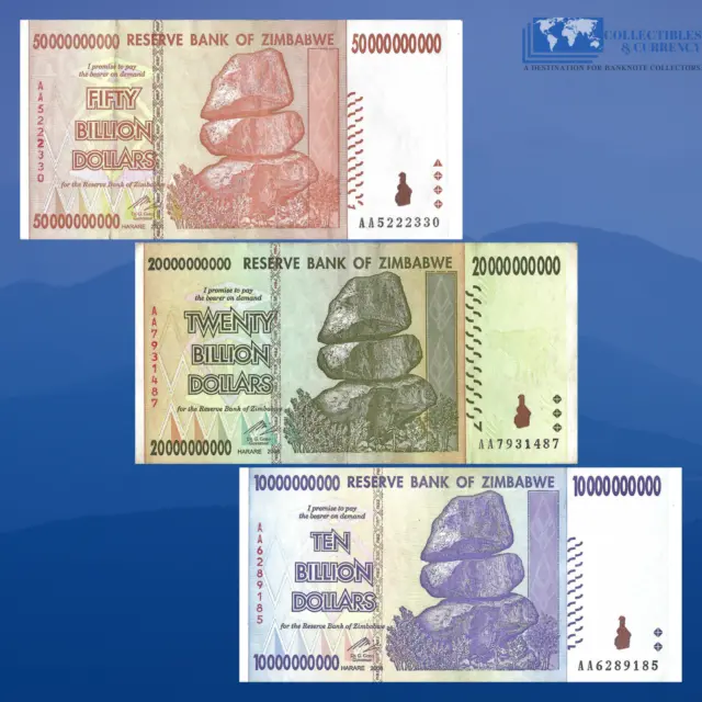 ZIMBABWE Set 3 Pcs 10,20,50 Billions Dollar 2008, Circulated,African Paper Money