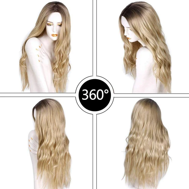 Perruque Longue Blonde Dorée Ondulée - Synthétique Naturelle, Bonnet Moyen, Raie En L - Marque YEESHEDO