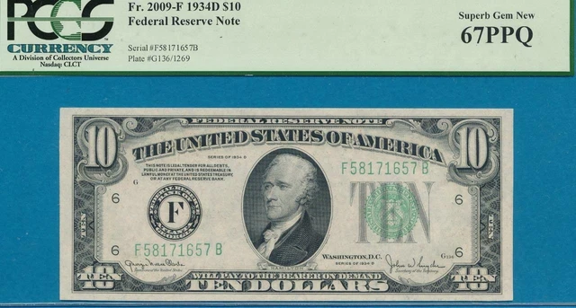$10. 1934-D Atlanta District  Federal Reserve Note Pcgs Superb Gem New 67Ppq