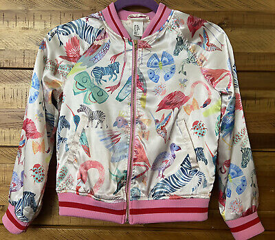 H&M Michelle Morin Girls Satin Track Jacket Animal Print w/Pink&Red Trim sz9-10y