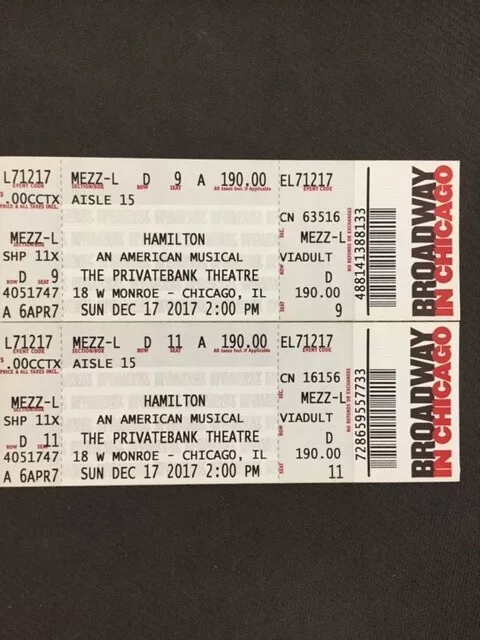 Hamilton Used Ticket Stub Broadway Musical Privatebank Chicago Cast(C)