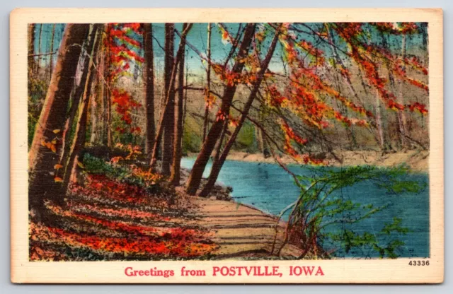 Greetings From Postville Iowa IA River Fall Scene Vintage Metrocraft Postcard
