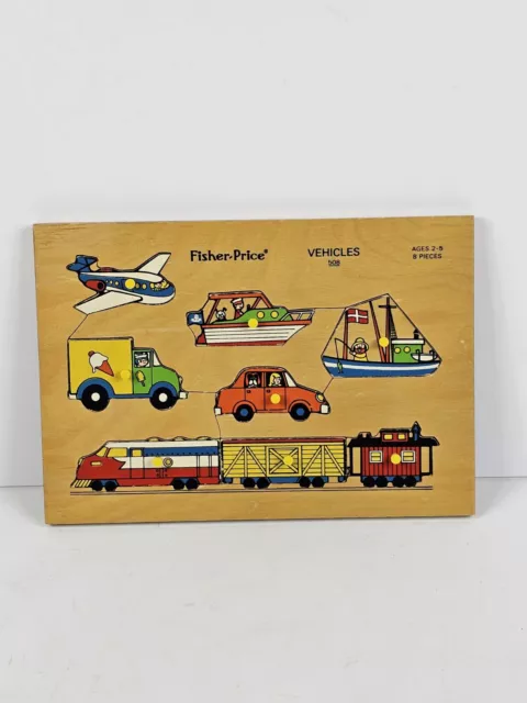 Fisher Price Vehicles Cars 70s Childrens 8 Piece #508 Wooden Peg Puzzle Vintage