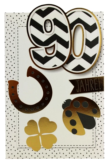 WBdesignz 90. Geburtstagskarte – Elegant In Schwarz, Gold & Silber, DIN A6, Mit Umschlag