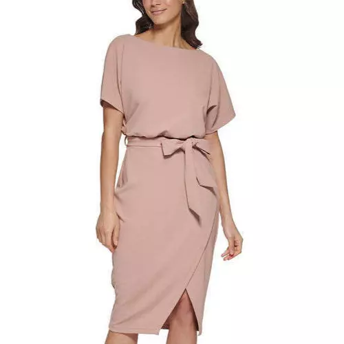 Kensie Faux Wrap Blouson Dress Size 14 Tan Textured Knit Belted NWT $98 2