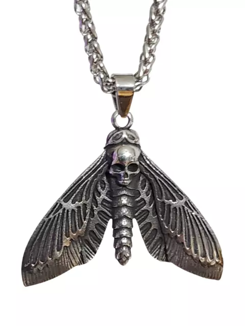 Collier pendentif tête de mort Hawk Moth, grande chaîne en acier, bijoux et...