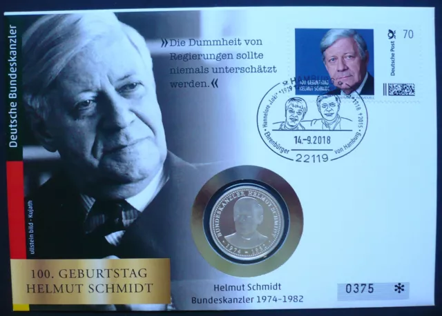 Deutschland Numis- Medaillenbrief 100. Geb. Helmut Schmidt 333er SILBER