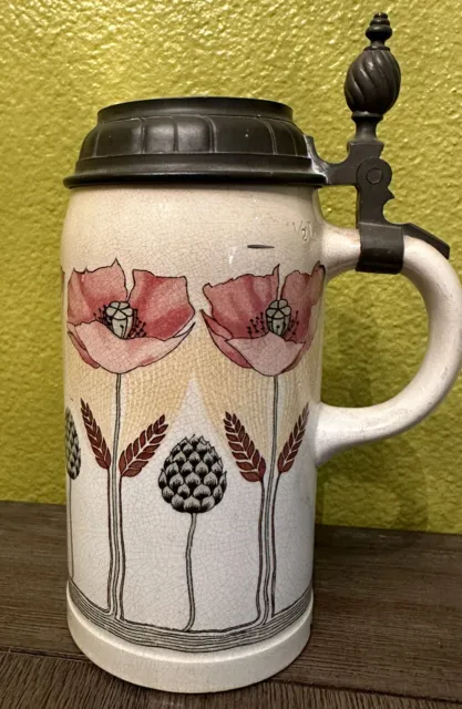 RARE Antique METTLACH Villeroy  & Boch Beer Stein Poppy -Chipped Base As Is -